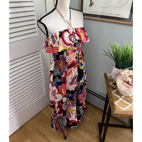 PURE ENERGY Women Dress 1X Colorful Maxi Halter Tiered Smocked Tropical Sundress - Picture 3 of 12